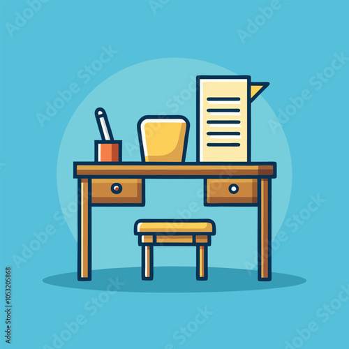 A simple cartoon illustration of a wooden desk, chair, and writing supplies in a blue room. 