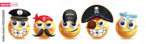 Emoji sailor emoticon characters vector set. Emojis emoticon sea man characters like coast guard, bandit, mariner, pirate and seafarer with facial expressions and cap elements collection. Vector 