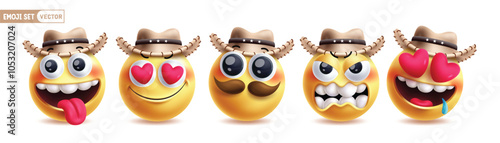 Emoji sheriff cowboy emoticon character vector set. Emojis emoticon yellow icon characters with naughty, in love, cool, angry and attract facial expressions mascot collection. Vector illustration 