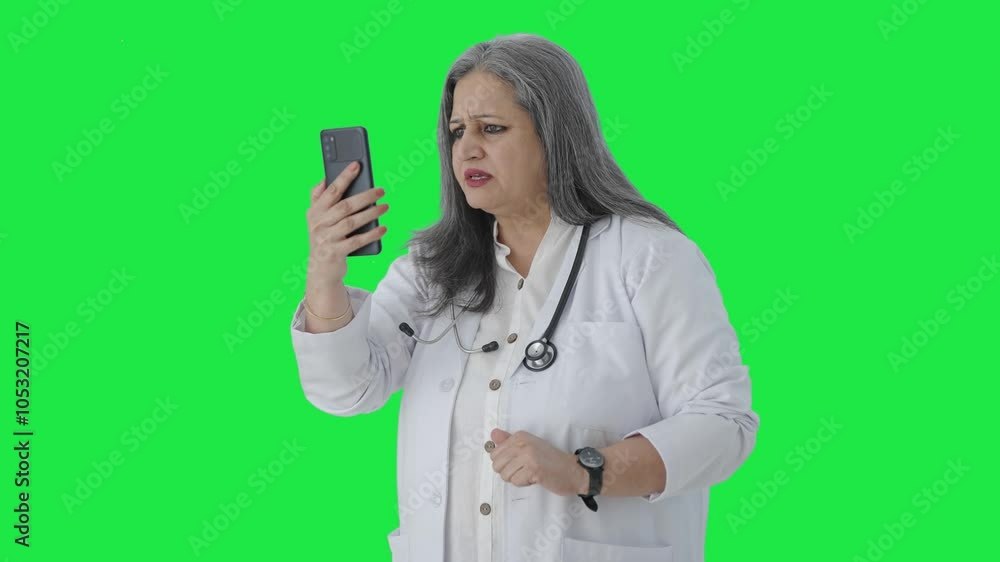 Angry Indian senior female doctor talking on video call Green screen ...