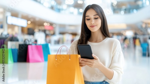 A young woman smiles while shopping online and holding a colorful shopping bag in a vibrant mall setting. photo