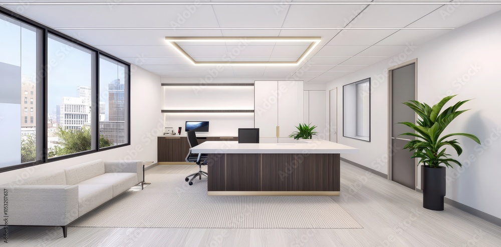 Fototapeta premium Modern Sleek Office Interior with Minimalist Design and Contemporary Furnishings for a Productive Workspace