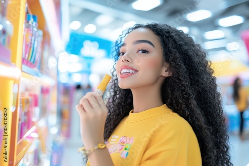 A young woman with curly hair enjoys a colorful environment, showcasing joy and confidence while engaging with vibrant products.