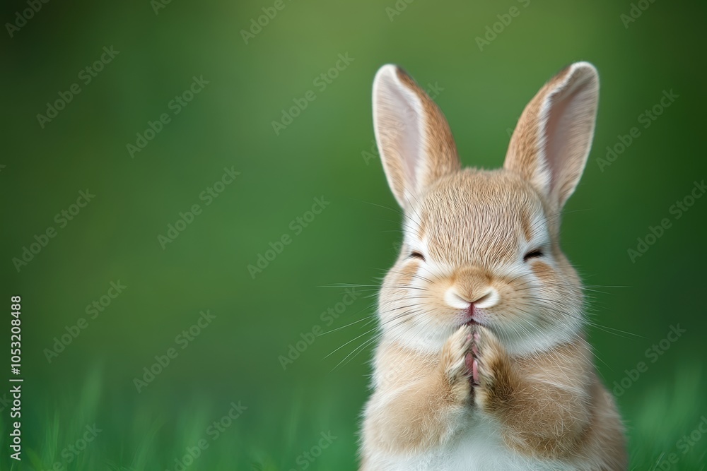 Obraz premium Baby Bunny with Closed Eyes in Soft Green Background