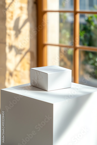 Minimalist display of a plain white cubeshaped product box in natural light by a window photo