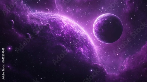 A vibrant cosmic scene featuring purple planets and a starry background.