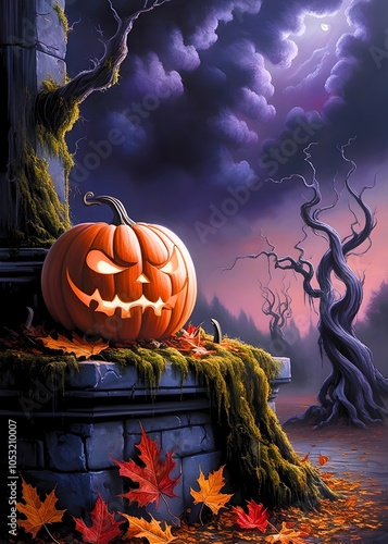 A spooky pumpkin Halloween dark a misty. Generative By Ai