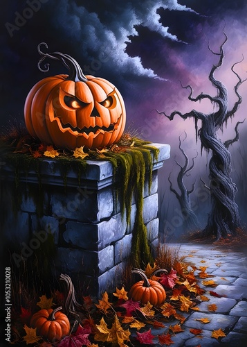 A spooky pumpkin Halloween dark a misty. Generative By Ai