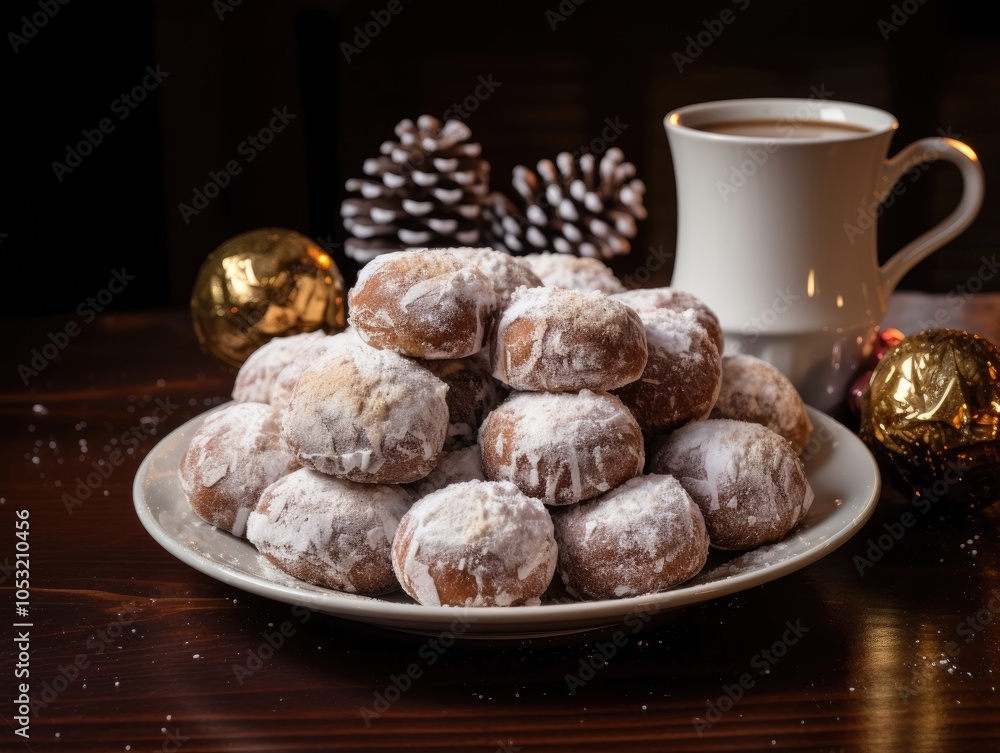 christmas food sugar icing donut holes with mug of hot chocolate christmas food sugar icing donut holes with mug of hot chocolate