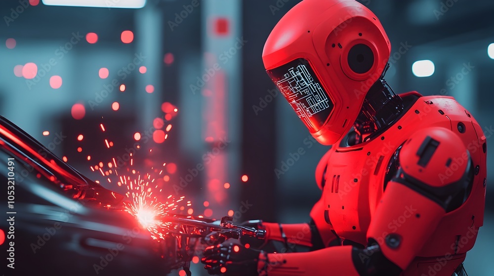 Fototapeta premium Futuristic humanoid robot welder fabricating car frame with glowing metal holographic schematics and neon accented industrial background Advanced automation intelligence