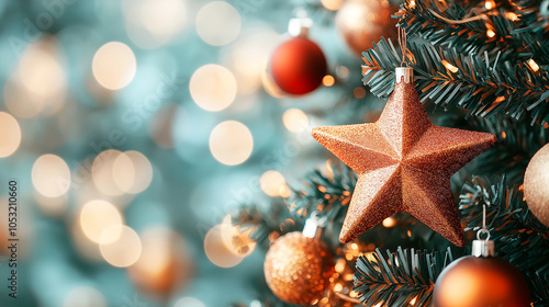 Christmas ornaments hanging from a beautifully decorated tree with twinkling lights and a backdrop of festive decorations create a magical holiday scene.