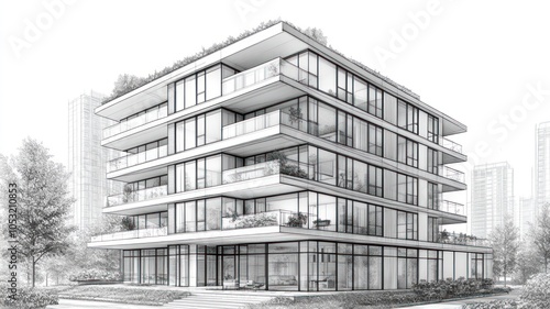 Modern architectural design of a multi-story building with balconies.