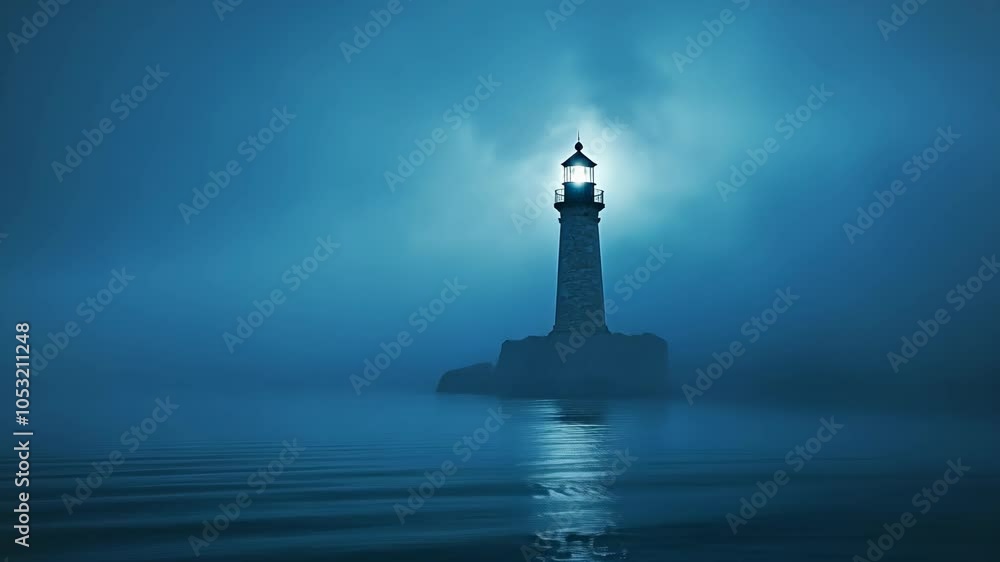 A lone lighthouse stands tall against a backdrop of fog and water, its light shining brightly through the darkness