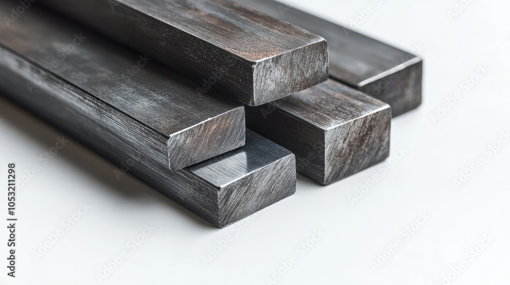 Four steel bars on a white background, showing the texture and detail of the metal. Four steel bars on a white background, showing the texture and detail of the metal.