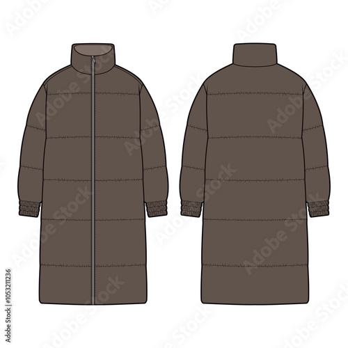 Front and back flat sketches of a down jacket featuring a high collar, zipper closure, horizontal quilted padding, and elastic cuffs and hem. Designed for warmth and insulation, with practical side po