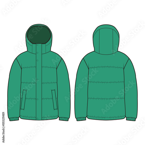 Front and back flat sketches of a short padded jacket with a high collar, horizontal quilting, zipper closure, and elastic cuffs. Features include side pockets and a warm, insulated design ideal for c