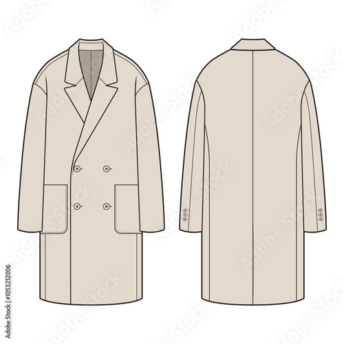 Front and back flat sketches of a double-breasted long coat featuring a notched lapel, two rows of buttons, and a tailored silhouette. Design details include side pockets, buttoned cuffs, and a struct