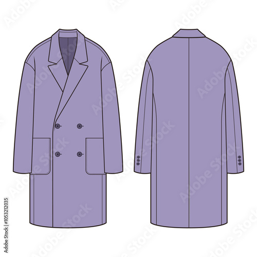 Front and back flat sketches of a double-breasted long coat featuring a notched lapel, two rows of buttons, and a tailored silhouette. Design details include side pockets, buttoned cuffs, and a struct