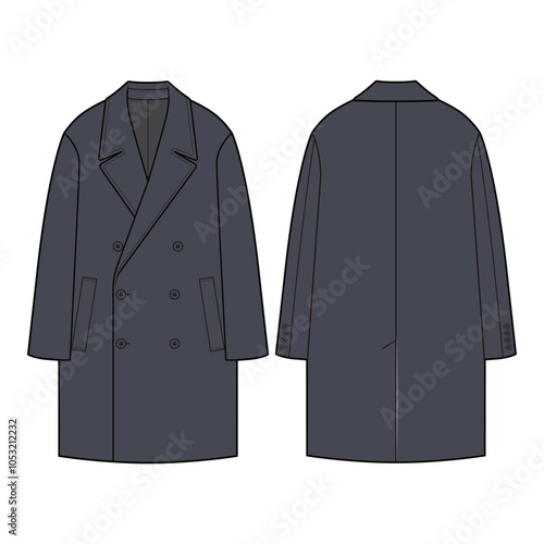 Flat sketch of a double-breasted long coat with a notched lapel, six-button front, and welt pockets. Designed with a structured, oversized fit for a contemporary winter look.
