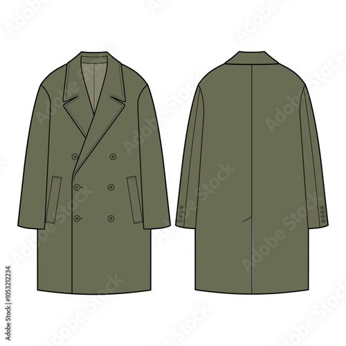 Flat sketch of an olive green double-breasted long coat with a notched lapel, six-button front, and welt pockets. Oversized silhouette with structured shoulders, ideal for contemporary winter wear.
