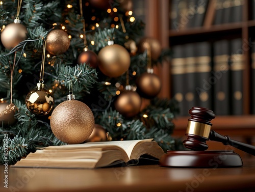 Festive Christmas scene with decorated tree, book, and gavel in a law library symbolizes holiday spirit in a legal setting. photo