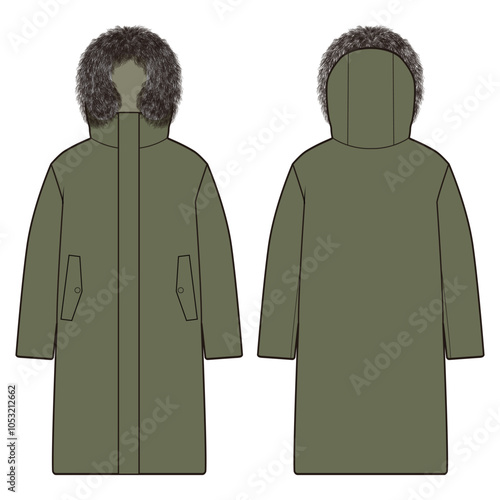 Front and back flat sketches of a long padded winter jacket with an attached hood, zipper closure, and horizontal quilted padding. Design includes deep side pockets, adjustable drawstring hood, and in