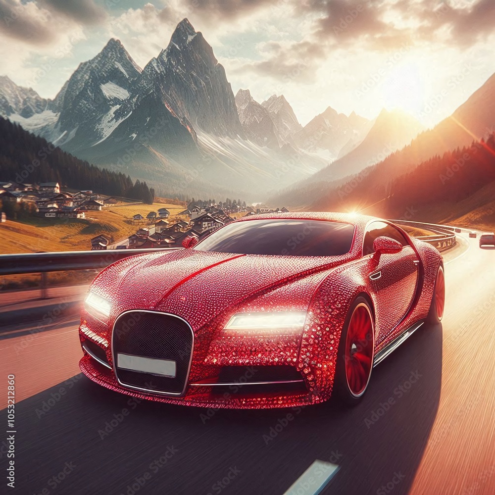 Naklejka premium A red car drives along a scenic highway surrounded by majestic mountains. Generated by AI.
