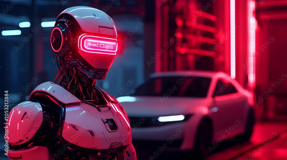 Fototapeta premium full body humanoid robot using advanced holographic tools to repair a self driving car with glowing wires and sparks in a dark industrial garage setting accented by neon lights showcasing a high tech