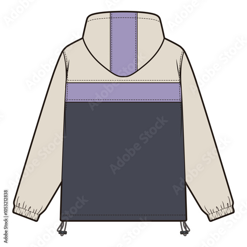 Flat sketches of a trek jacket featuring a stand collar, zippered front closure, multiple utility pockets, and adjustable cuffs. Designed with a lightweight, weather-resistant fabric and reinforced st