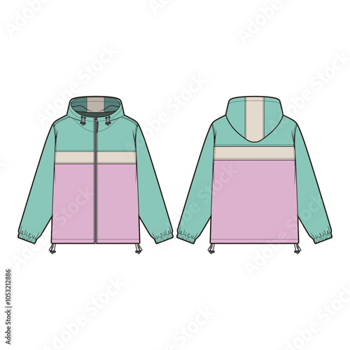 Flat sketches of a trek jacket featuring a stand collar, zippered front closure, multiple utility pockets, and adjustable cuffs. Designed with a lightweight, weather-resistant fabric and reinforced st