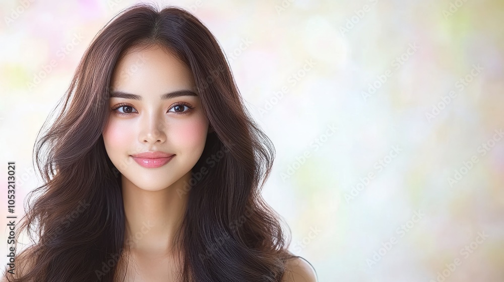 Obraz premium Beautiful portrait of a young woman with long hair, smiling softly against a blurred, pastel background. Ideal for beauty and lifestyle themes.