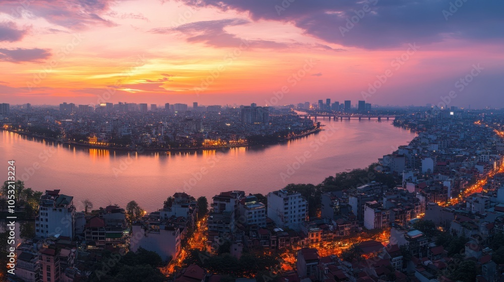 Obraz premium A panoramic view of Hanoi's skyline at sunset, with the Red River and bridges illuminated by