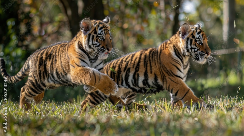 Fototapeta premium Two Baby Tigers Playing in a Natural Setting