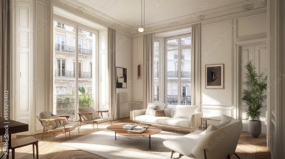Fototapeta premium A Parisian apartment interior with Scandinavian design, emphasizing a modern