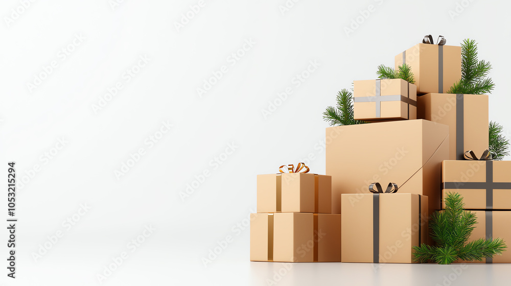 Stack of brown delivery boxes in various sizes with holiday accents on a minimalist background Stack of brown delivery boxes in various sizes with holiday accents on a minimalist background