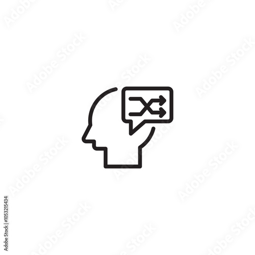 An icon representing the process of decision-making or problem-solving. The head and speech bubble with arrows symbolize the mental activity involved in choosing between different options. Editable ic