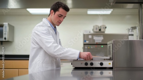 A researcher in a white lab coat next to a high-powered stainless steel electric stove fueled