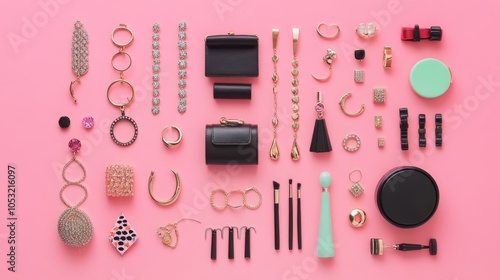 Flat Lay of Jewelry, Makeup, and Accessories on Pink Background