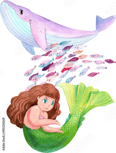 Mermaids swimming together with a school of fish, Watercolor Hand-drawn Illustration photo