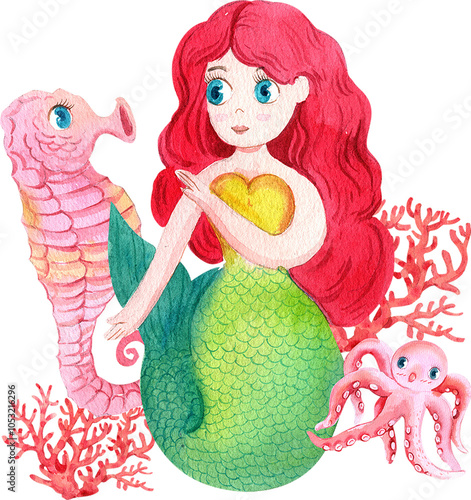 Red-haired mermaids with a sea horse, a squid, and red branch coral, Watercolor Hand-drawn Illustration photo