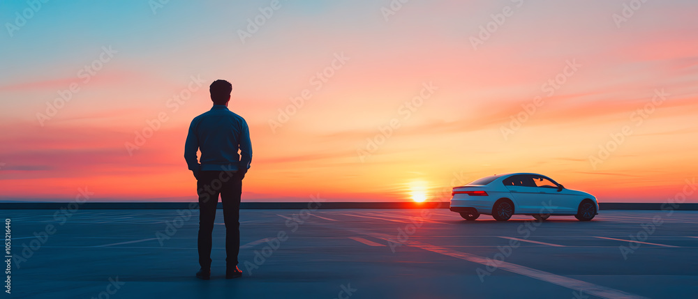 A silhouette of a man standing on an empty parking lot, gazing at a stunning sunset with a car parked nearby, capturing a moment of reflection.