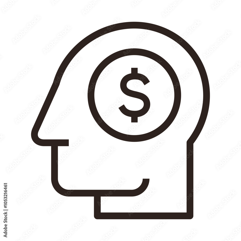 Head with dollar sign. Concept of financial planning. Money thinking symbol Head with dollar sign. Concept of financial planning. Money thinking symbol