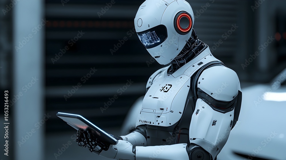 Humanoid robot with futuristic technology inspecting the engine of a car using advanced holographic tools and screens in a dark industrial workshop with metallic surfaces and sparks Humanoid robot with futuristic technology inspecting the engine of a car using advanced holographic tools and screens in a dark industrial workshop with metallic surfaces and sparks