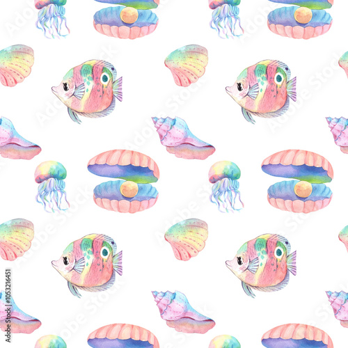 Marine animals include Buttefly Fish, Jelly fish, Conch shell and pearl shell, Hand-draw Watercolor Seamless Pattern