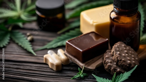 Cannabis edibles, oil, and soap on wooden background with green leaves. photo