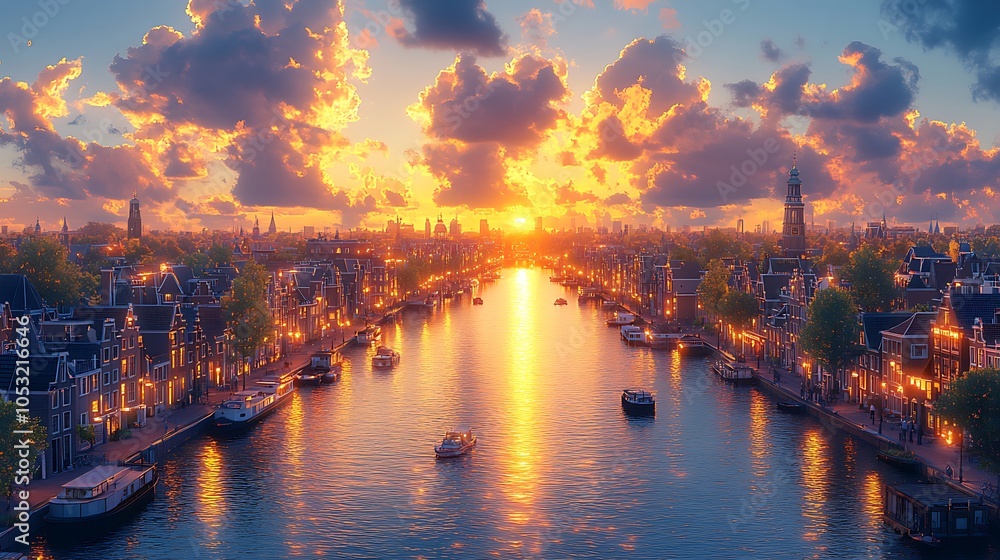 Fototapeta premium A vibrant sunset casts a golden glow over a picturesque cityscape with canals and boats.