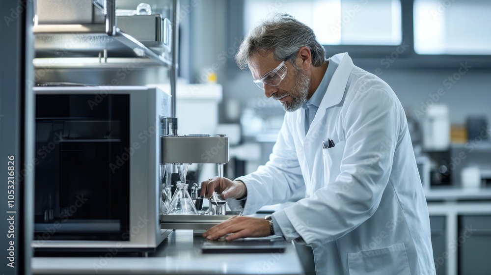 A scientist wearing a lab coat, positioned next to a powerful stainless steel electric stove A scientist wearing a lab coat, positioned next to a powerful stainless steel electric stove