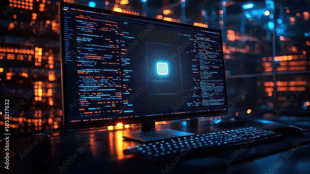 A conceptual image of 'privacy mode' on a computer, showing a darkened screen with only minimal, secure data glowing softly in the center A conceptual image of 'privacy mode' on a computer, showing a darkened screen with only minimal, secure data glowing softly in the center