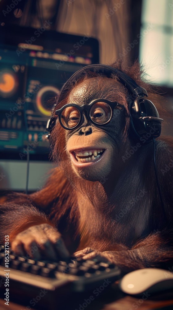 An orangutan wearing headphones and glasses uses a computer keyboard. AI. An orangutan wearing headphones and glasses uses a computer keyboard. AI.