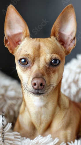 A small brown dog sits on a rug and looks at the camera. AI.